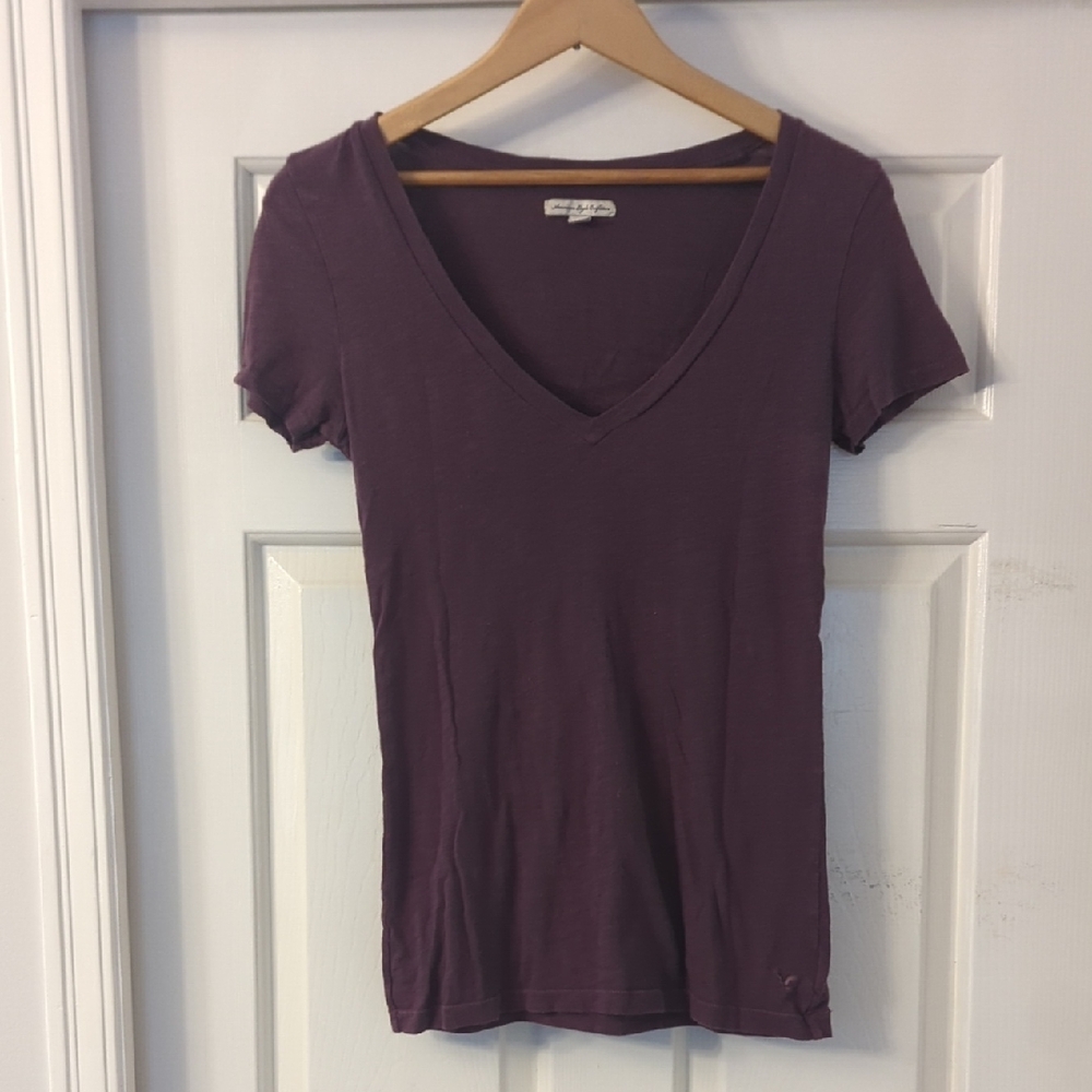 American Eagle Outfitters Women's Deep V-Neck Short Sleeve Tee - Plum